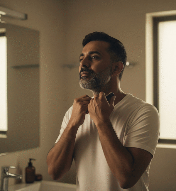 Groomed man in warm lighting using skincare