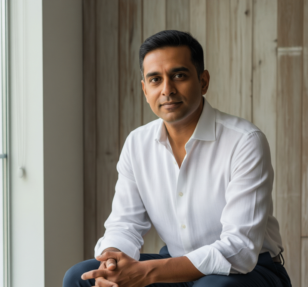 40 year old man in a white shirt sitting