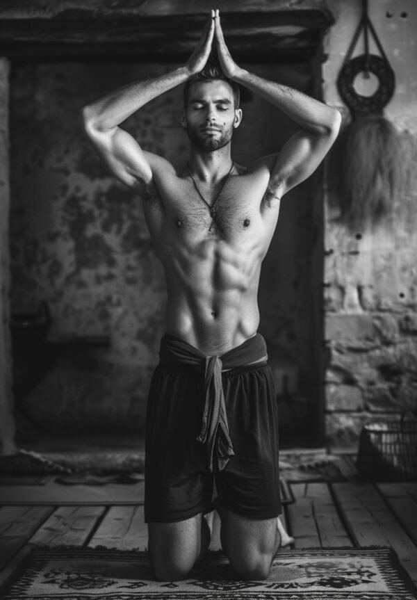 Home Fit shirtless man flexing muscles