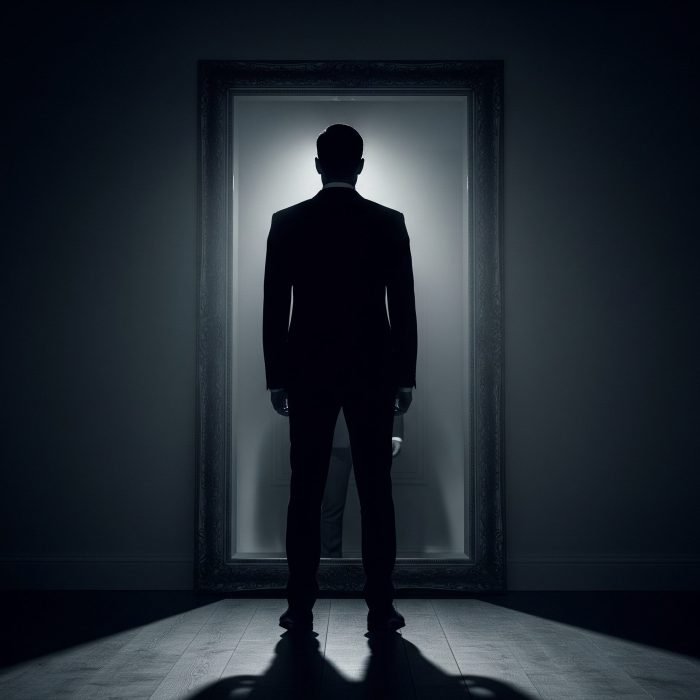 Man shown from behind in a dramatic light